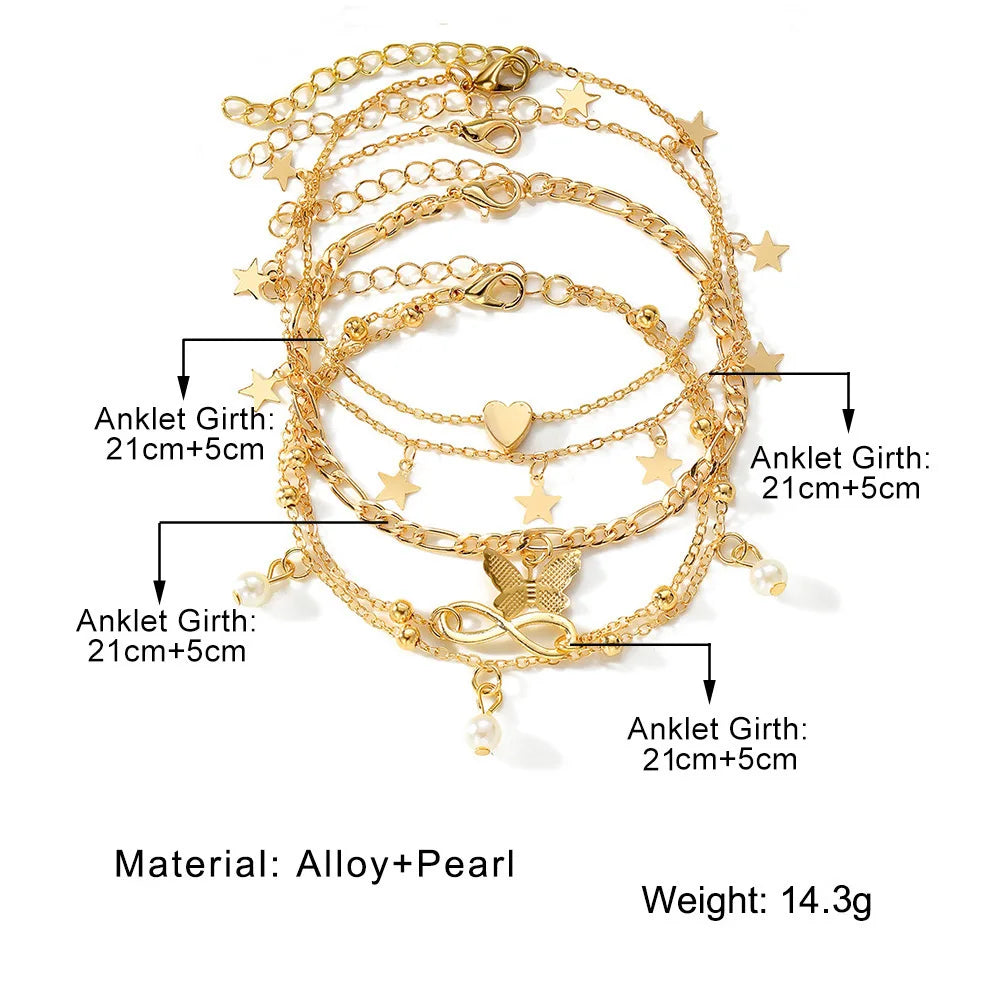 Ensemble de bracelets de cheville bohème dorés – Papillon, Cœur et Étoile