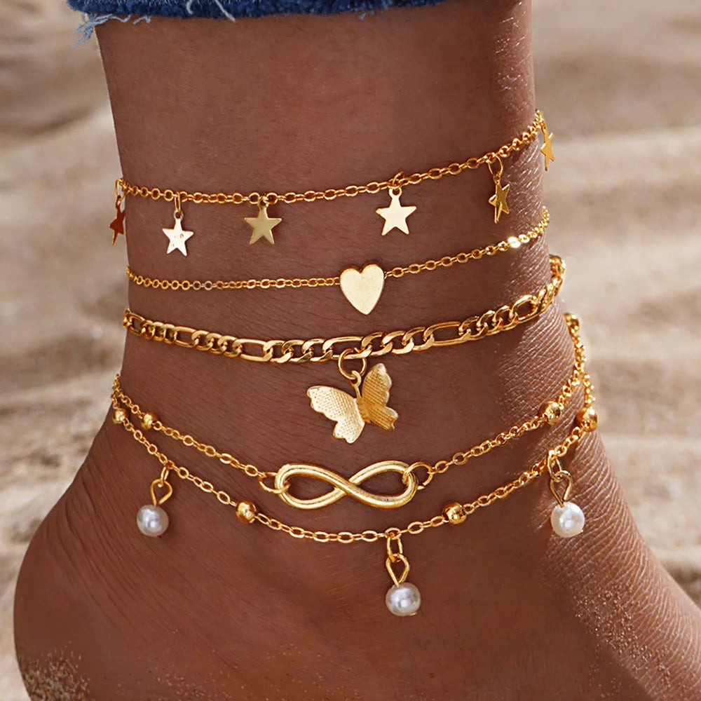 Ensemble de bracelets de cheville bohème dorés – Papillon, Cœur et Étoile
