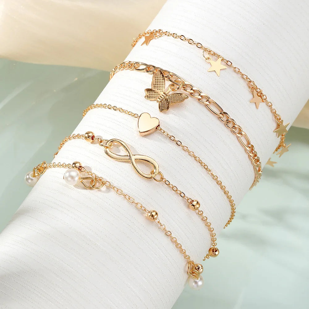 Ensemble de bracelets de cheville bohème dorés – Papillon, Cœur et Étoile