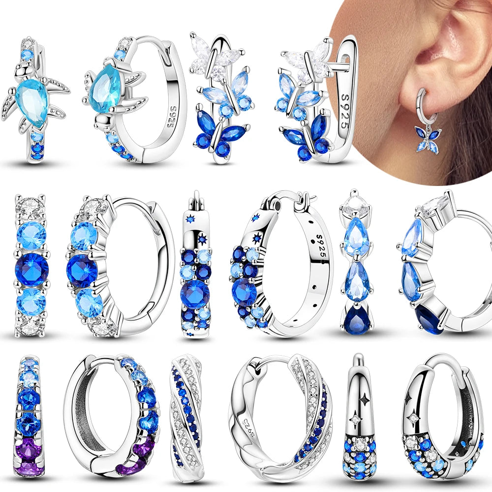 Original 925 Sterling Silver Blue Zirconium Butterfly Earrings Colored Hoop Earrings Women Female Party Fine Earring Jewelry