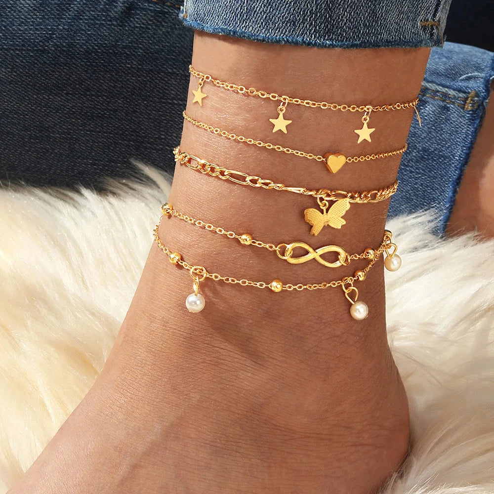 Ensemble de bracelets de cheville bohème dorés – Papillon, Cœur et Étoile