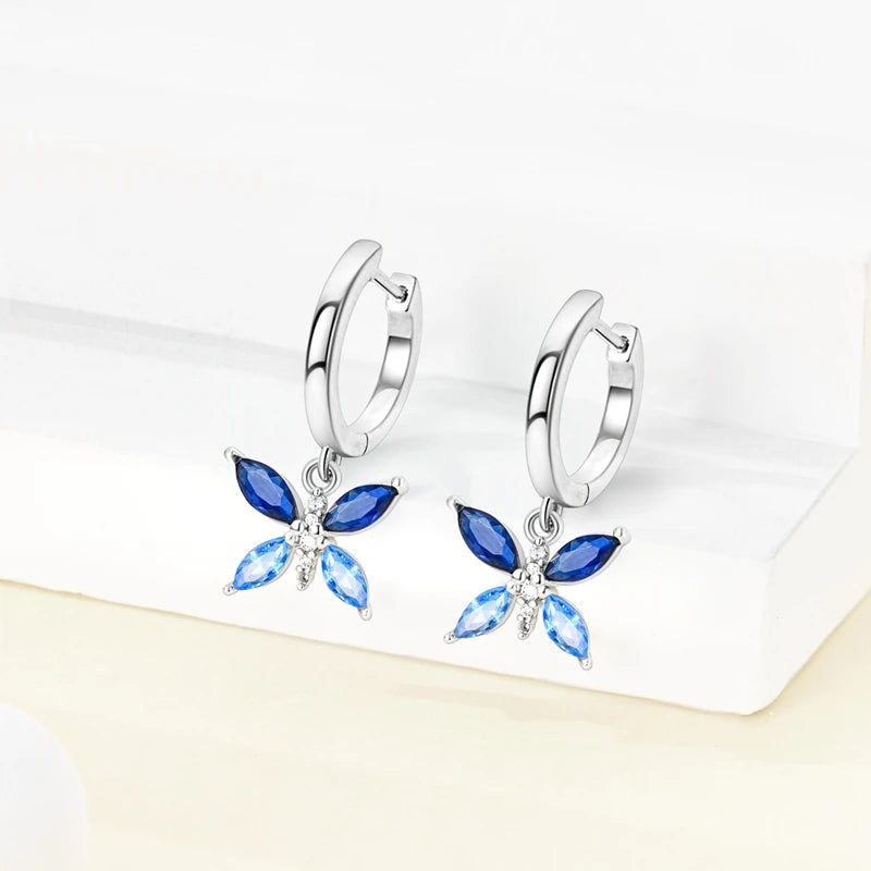 Original 925 Sterling Silver Blue Zirconium Butterfly Earrings Colored Hoop Earrings Women Female Party Fine Earring Jewelry