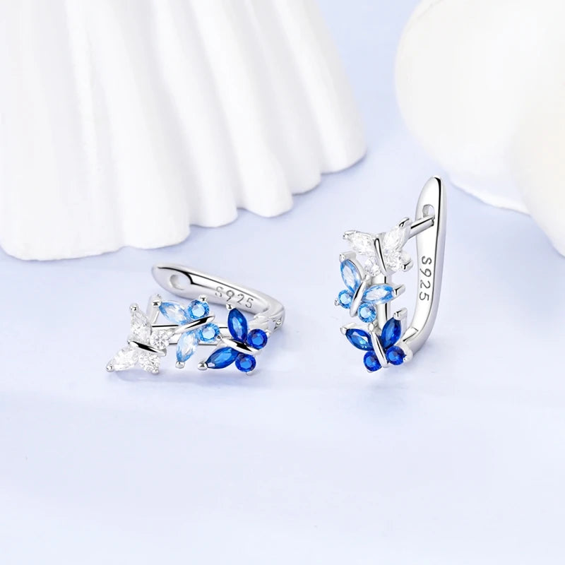 Original 925 Sterling Silver Blue Zirconium Butterfly Earrings Colored Hoop Earrings Women Female Party Fine Earring Jewelry