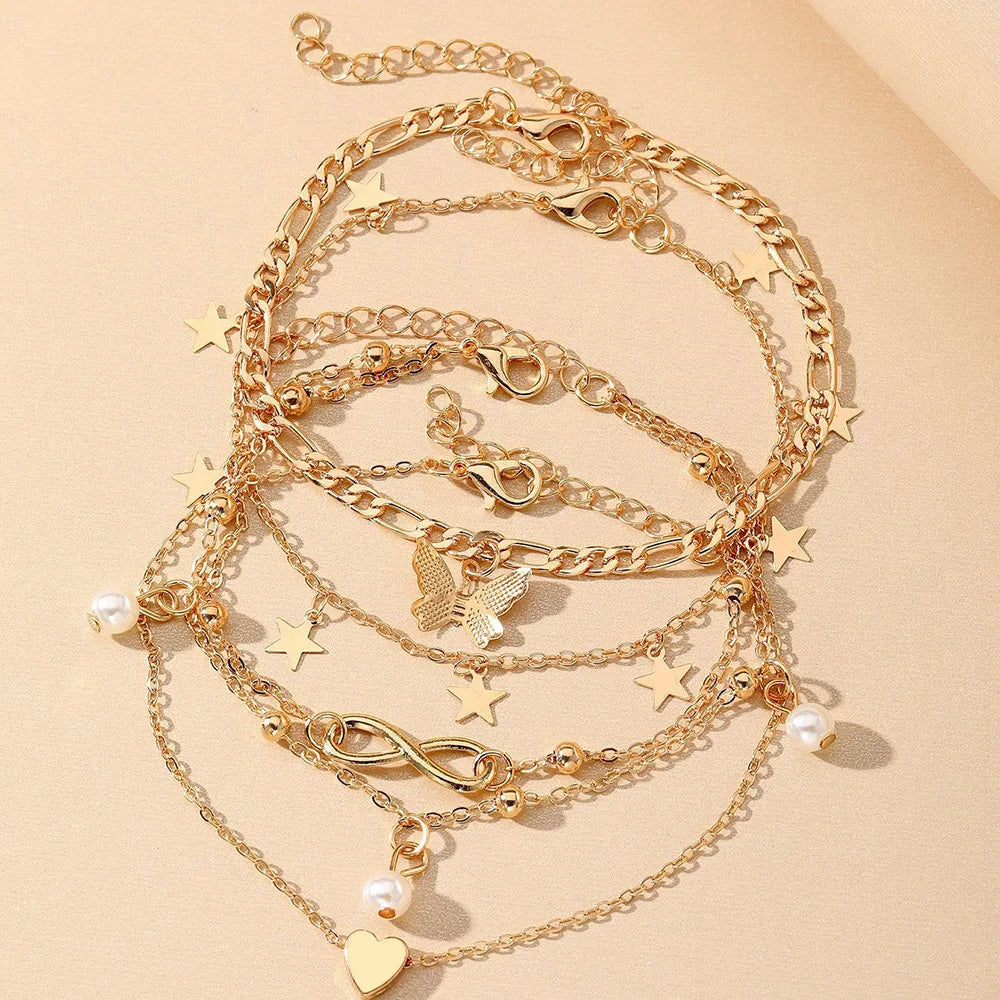 Ensemble de bracelets de cheville bohème dorés – Papillon, Cœur et Étoile